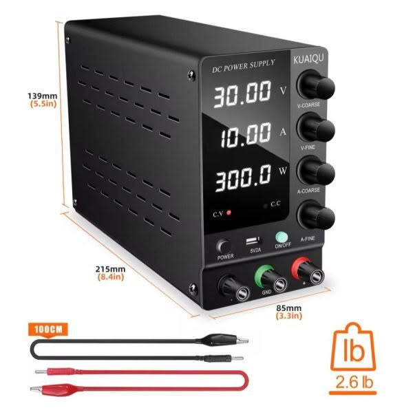 The 30V 10A 300W Adjustable Power Supply is black, with digital displays for voltage and current settings. It includes various knobs and ports, measures 8.4in x 5.5in x 3.3in, weighs 2.6 lb, and comes with red and black cables.