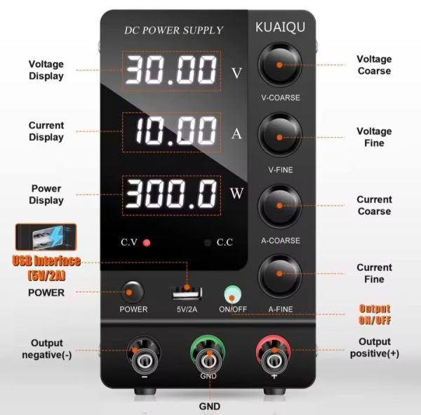 Image of a KUAiQU 30V 10A 300W Adjustable Power Supply featuring labeled voltage, current, and power displays, coarse and fine adjustment knobs for voltage/current, USB interface, and power/output switches.
