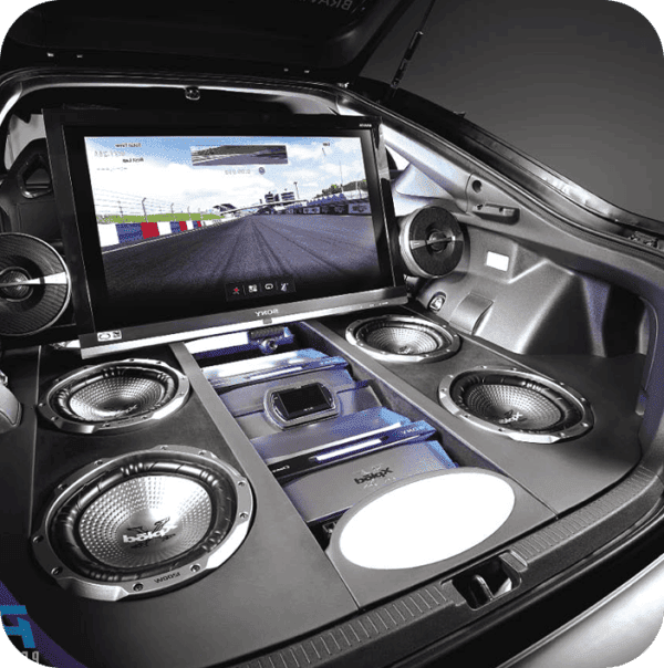 Car trunk with speakers and large display