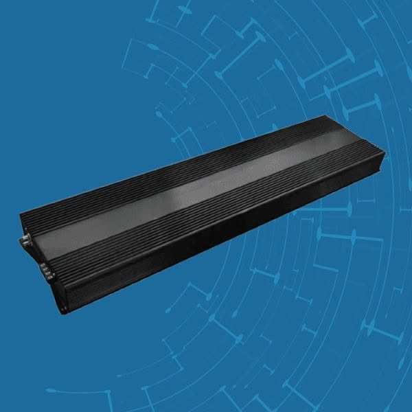 Black LED light bar on blue tech background.