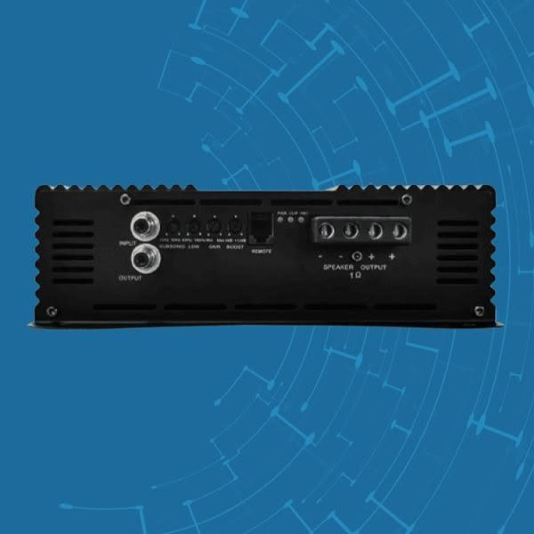 Back view of black audio amplifier with inputs