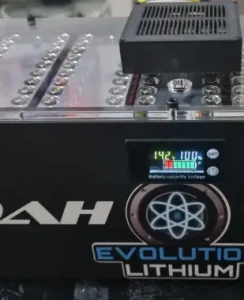Lithium battery with digital display showing charge level.