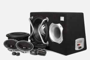 Car audio speaker system with subwoofer in enclosure.