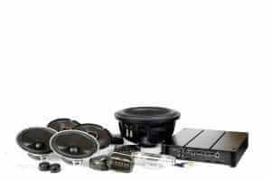 Car audio system components on white background