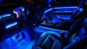 Car interior with blue LED ambient lighting