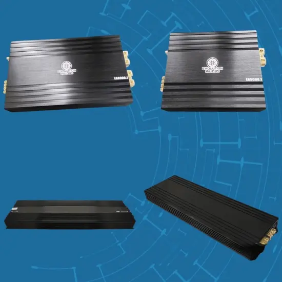 Four black amplifiers on blue background