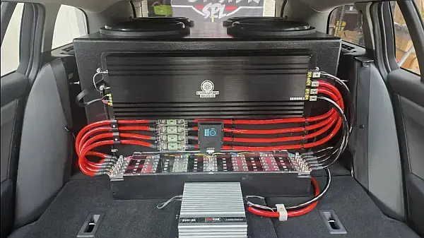 Car trunk with powerful audio system installed.