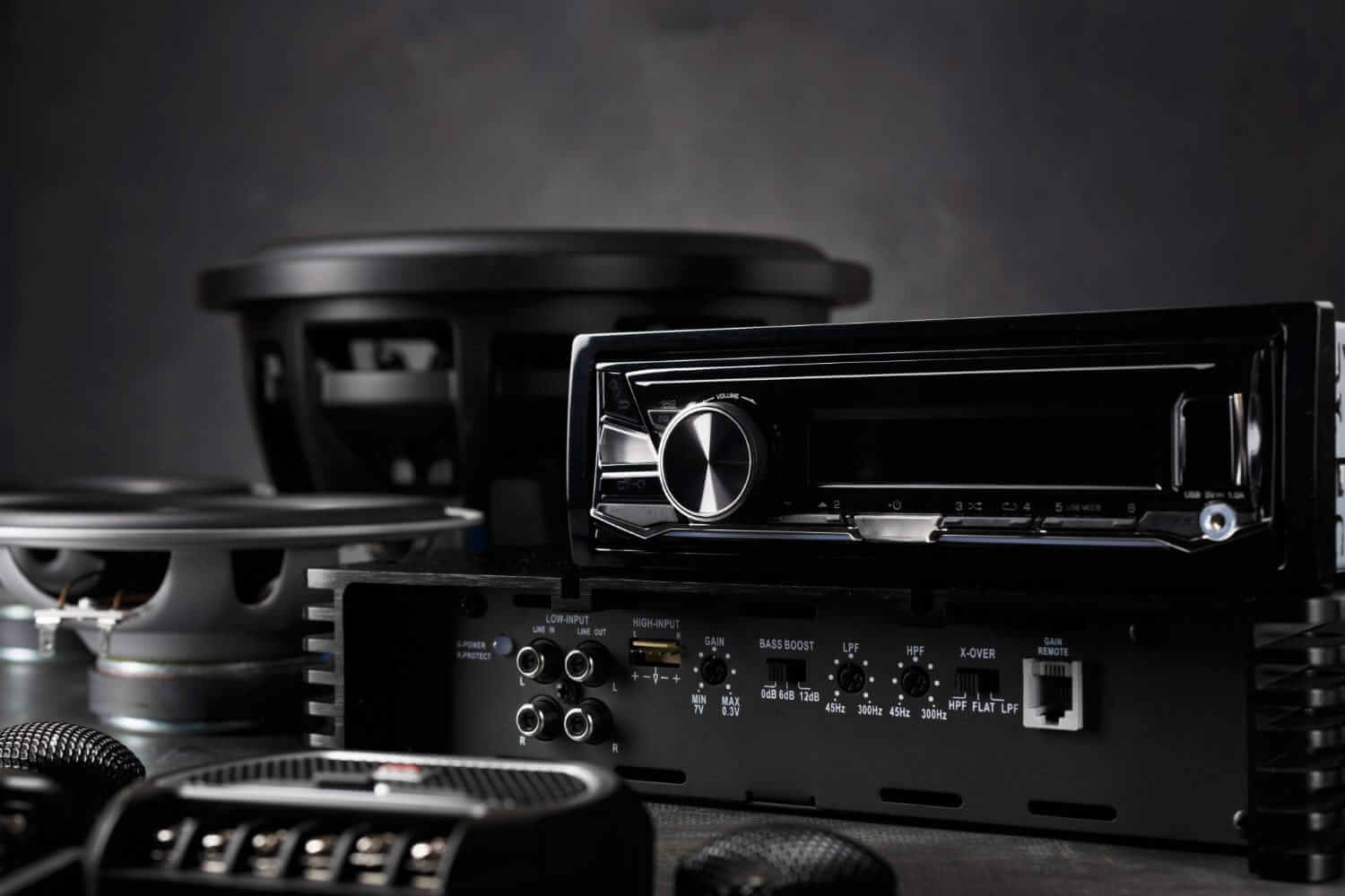 Car audio system with speakers and amplifier