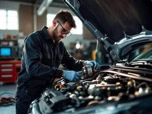 Mechanic repairing car engine in workshop