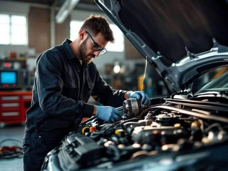 Mechanic repairing car engine in workshop