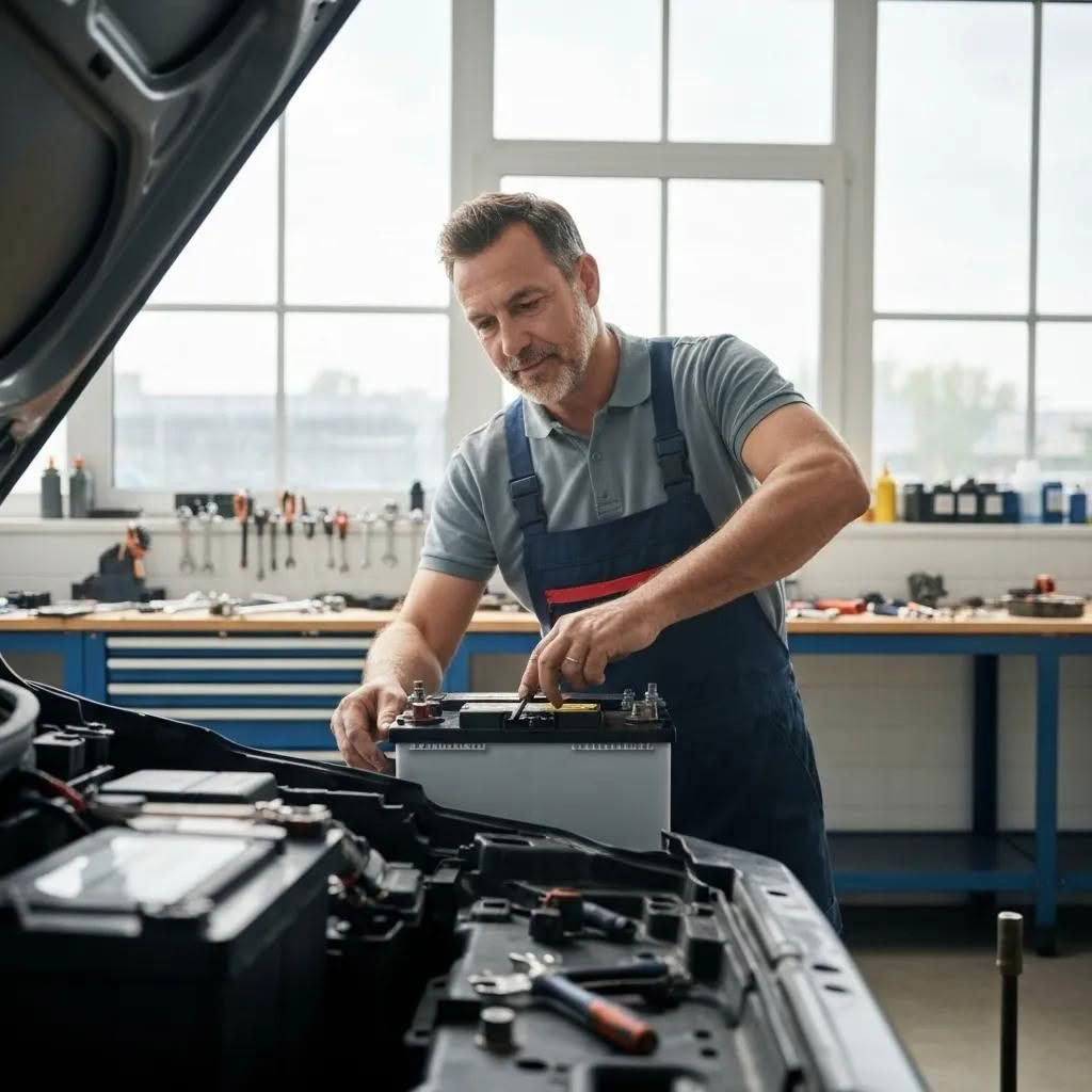 Car battery installation in a workshop, highlighting maintenance and replacement services