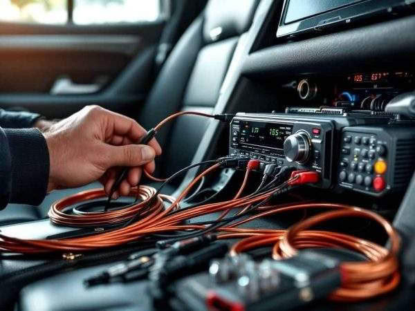 Person connecting cables to car radio system