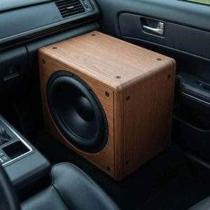 Wooden subwoofer box inside car interior