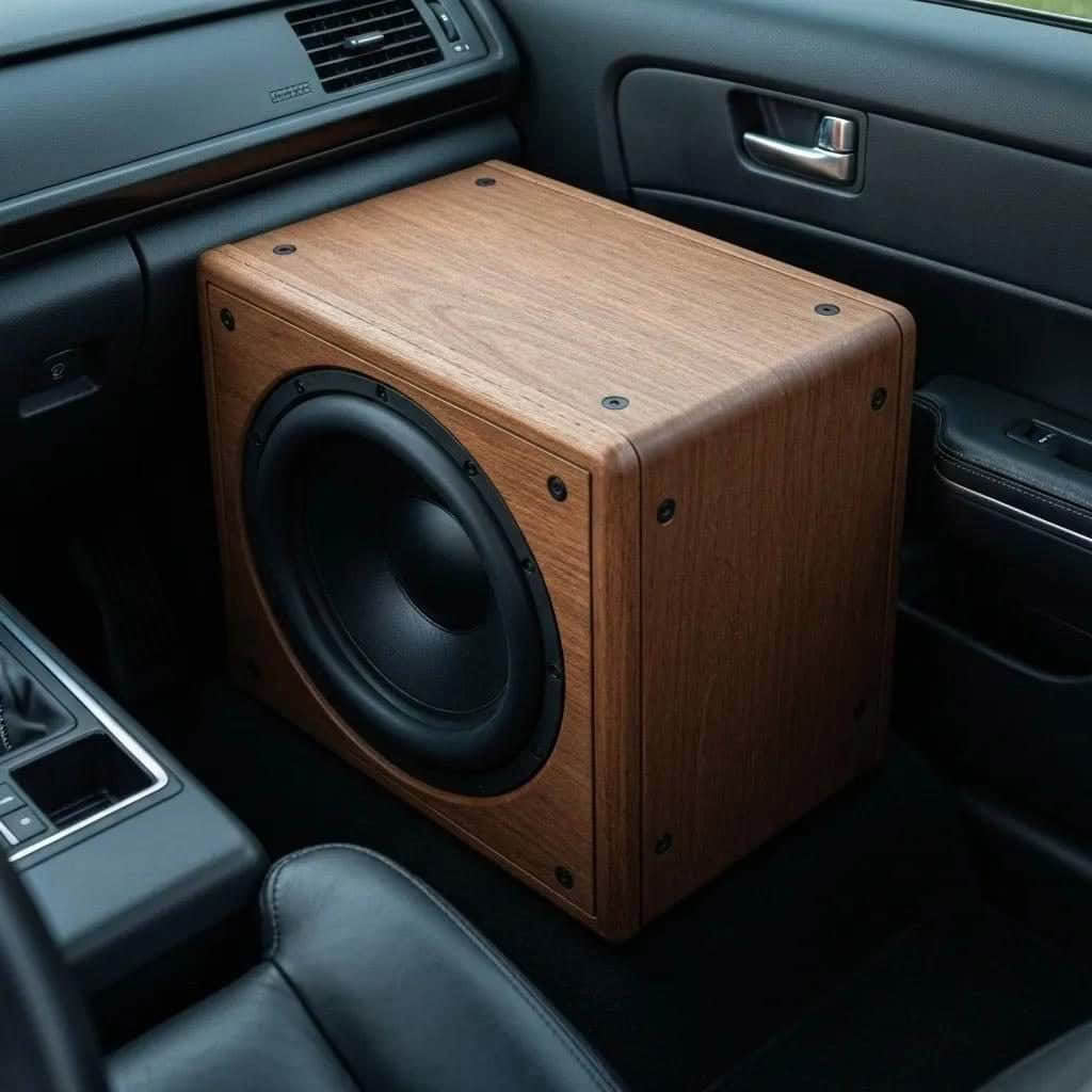 Wooden subwoofer box inside car interior