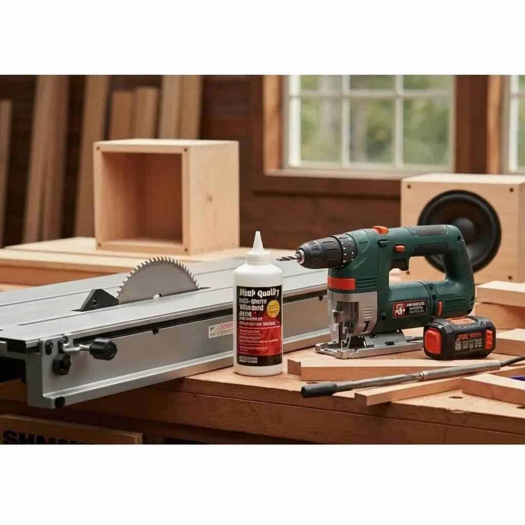 Essential tools for building custom subwoofer enclosures, arranged on a workbench in a workshop setting