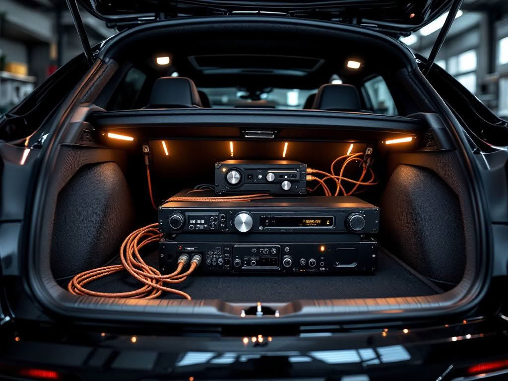 Car trunk with professional audio equipment installed