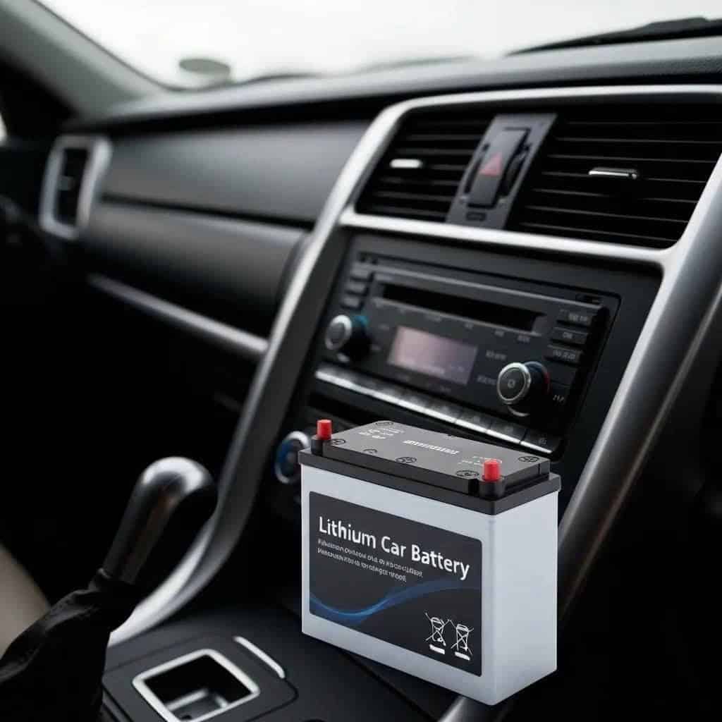 Lithium car stereo battery installed inside a vehicle