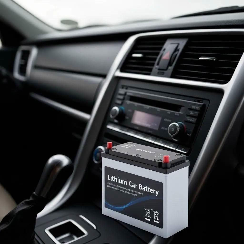Lithium car stereo battery displayed in a modern car interior, highlighting advanced audio technology