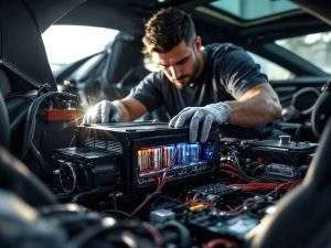 Technician repairing electric car battery system