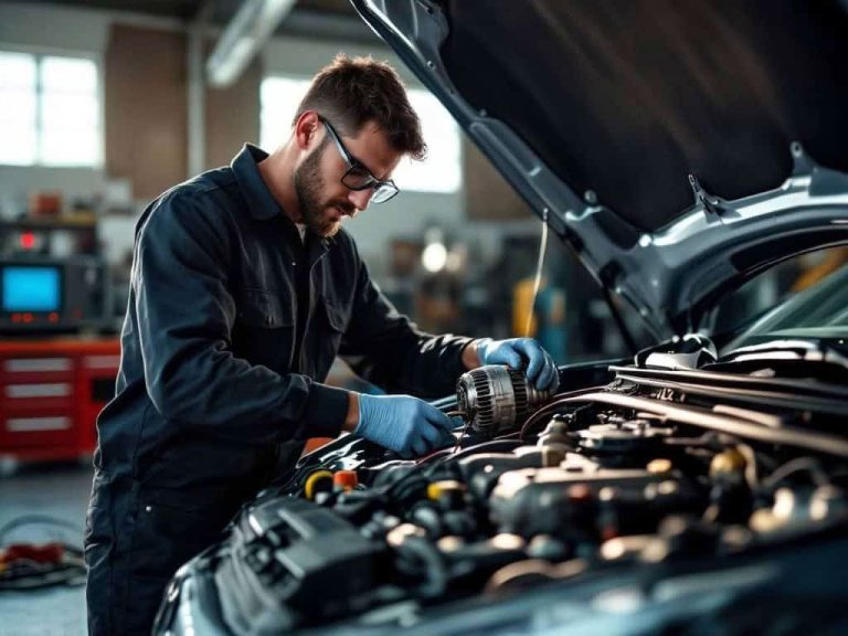 Mechanic repairing car engine in workshop