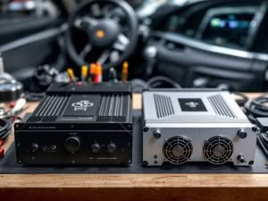 Car audio amplifiers on workbench inside vehicle