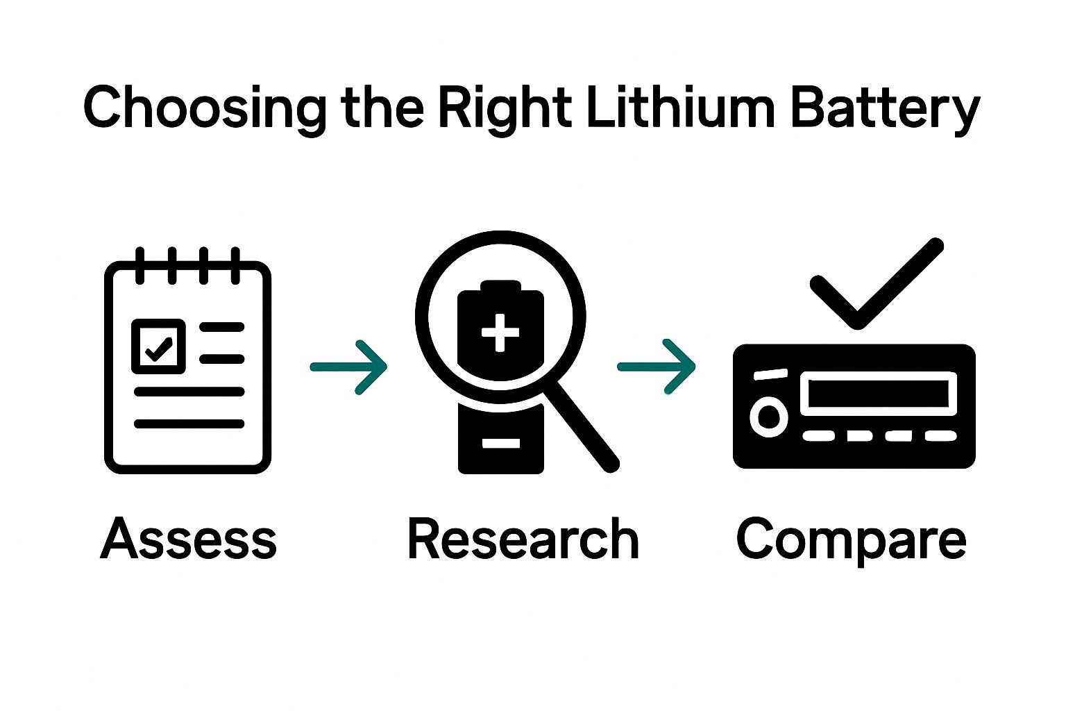Visual workflow showing three key steps in choosing lithium batteries for audio systems