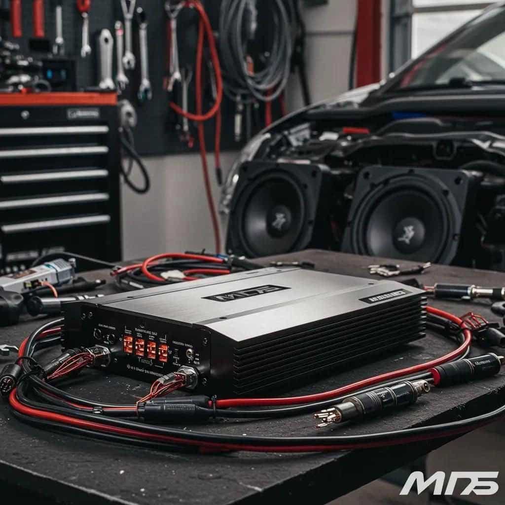 Car audio amplifier setup in garage workspace