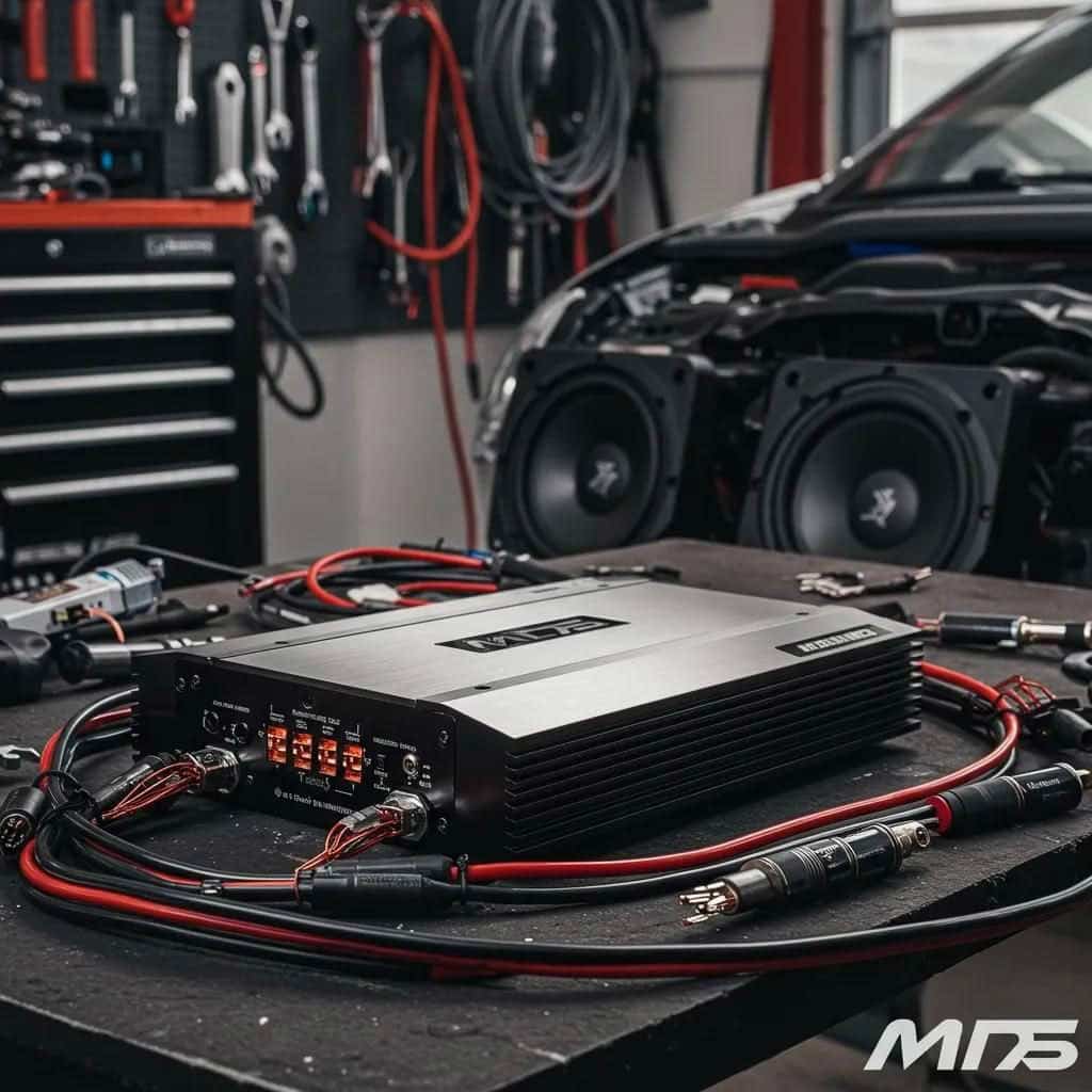 Car amplifier installation setup in workshop