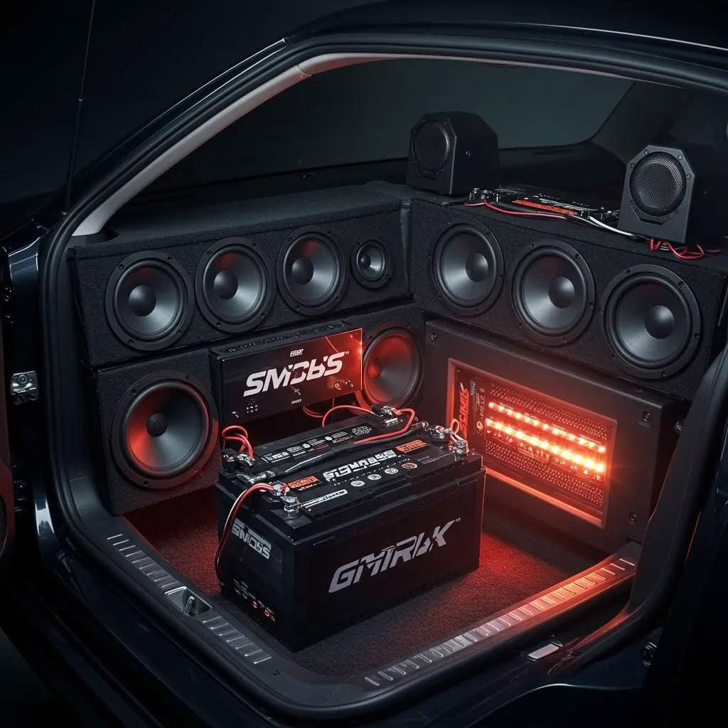 Custom car audio system with speakers and amplifiers