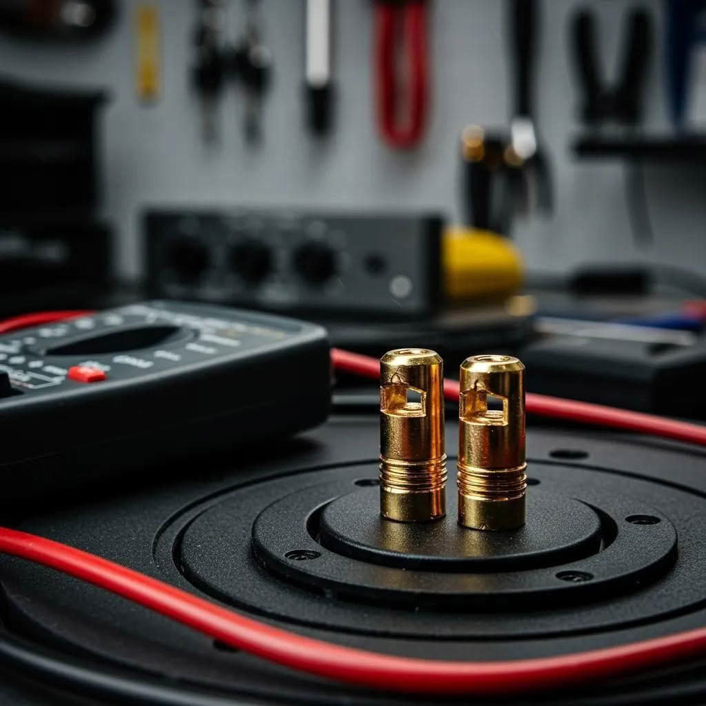 Close-up of speaker terminals and impedance measurement tools in a workshop setting
