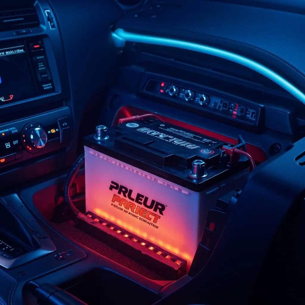 Car battery installed inside illuminated vehicle interior