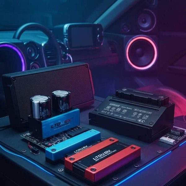 Car audio system components with colorful LED lighting