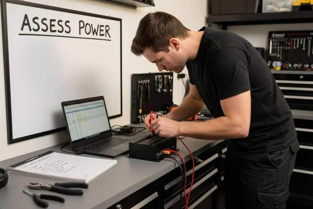 Technician testing electronic equipment in workshop