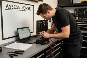 Technician testing electronic equipment with laptop nearby