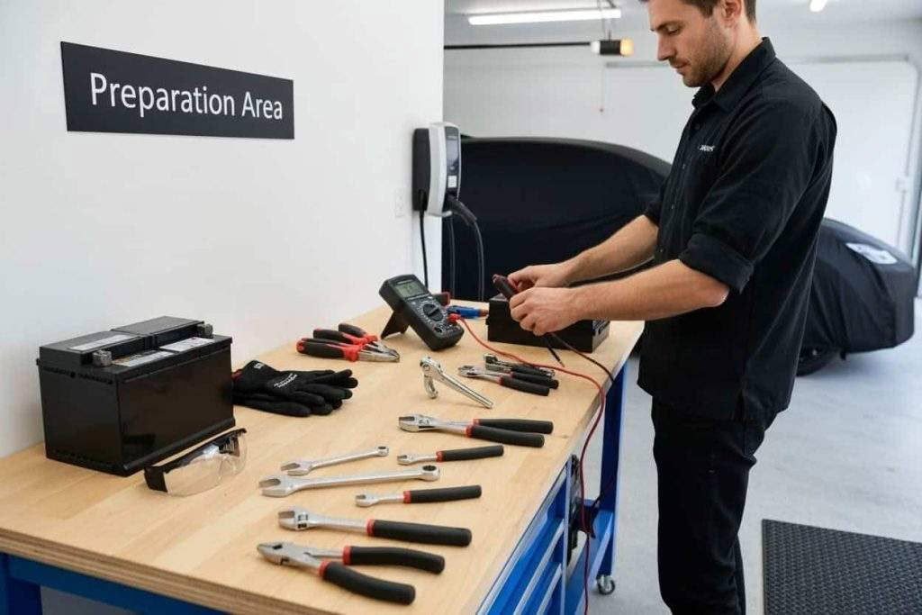 Mechanic testing car battery in preparation area