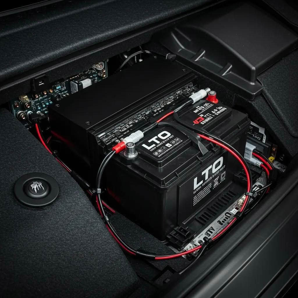Installation of an LTO battery in a car audio system, highlighting connections and setup