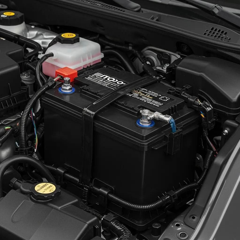 Installation of LTO lithium battery in car with visible power and ground connections