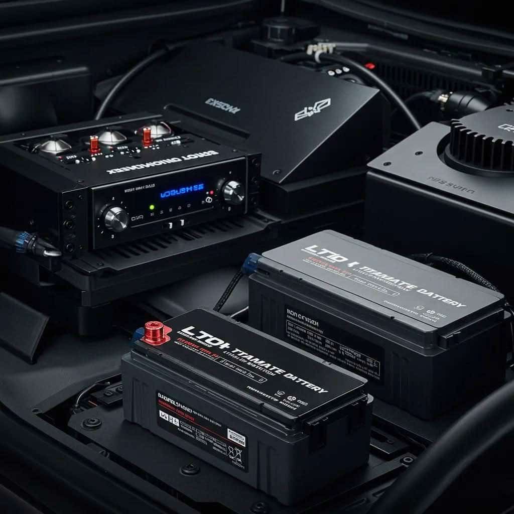 Car audio system with amplifiers and lithium batteries