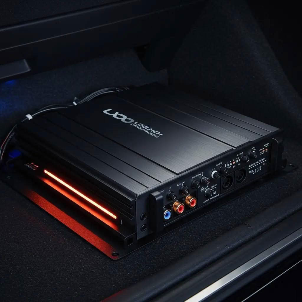 Black car audio amplifier with red LED light