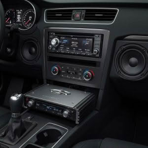 Car interior with stereo and audio amplifier