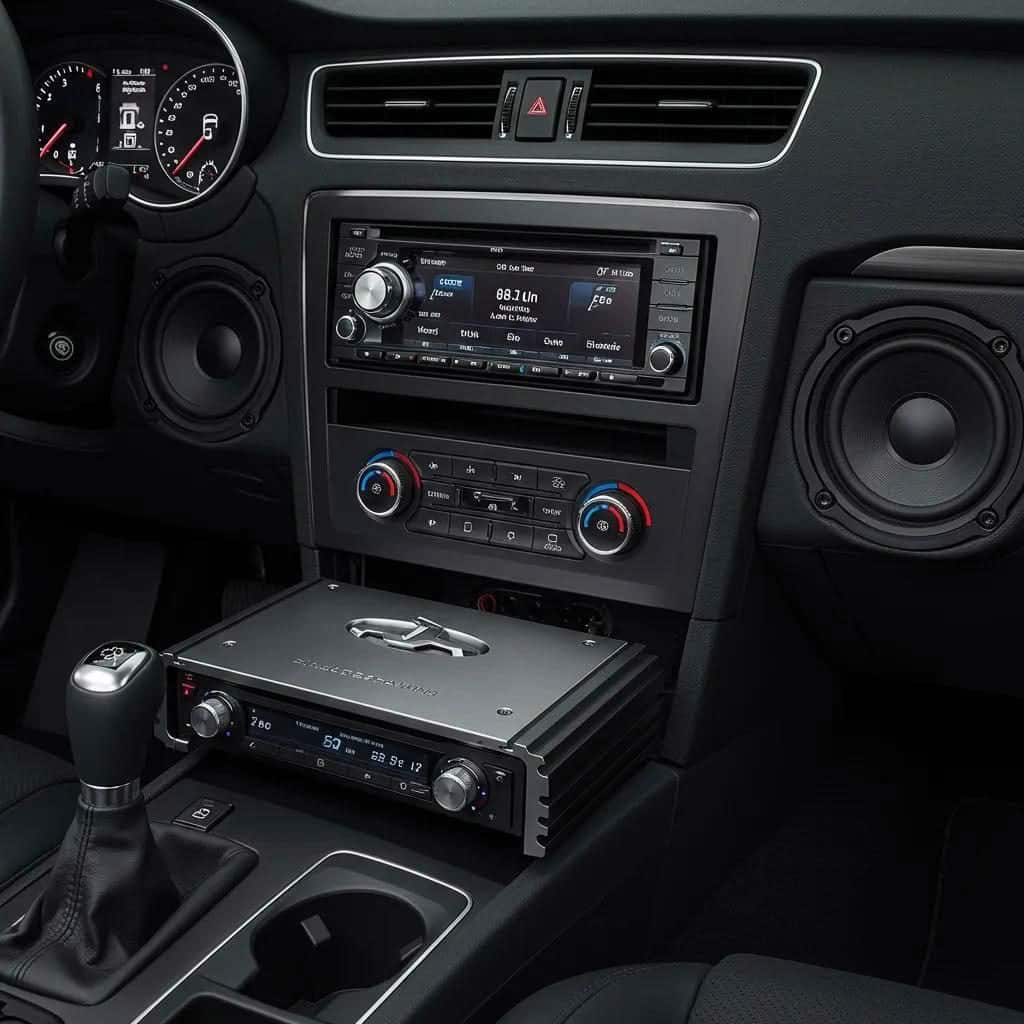 Car interior with stereo and audio amplifier