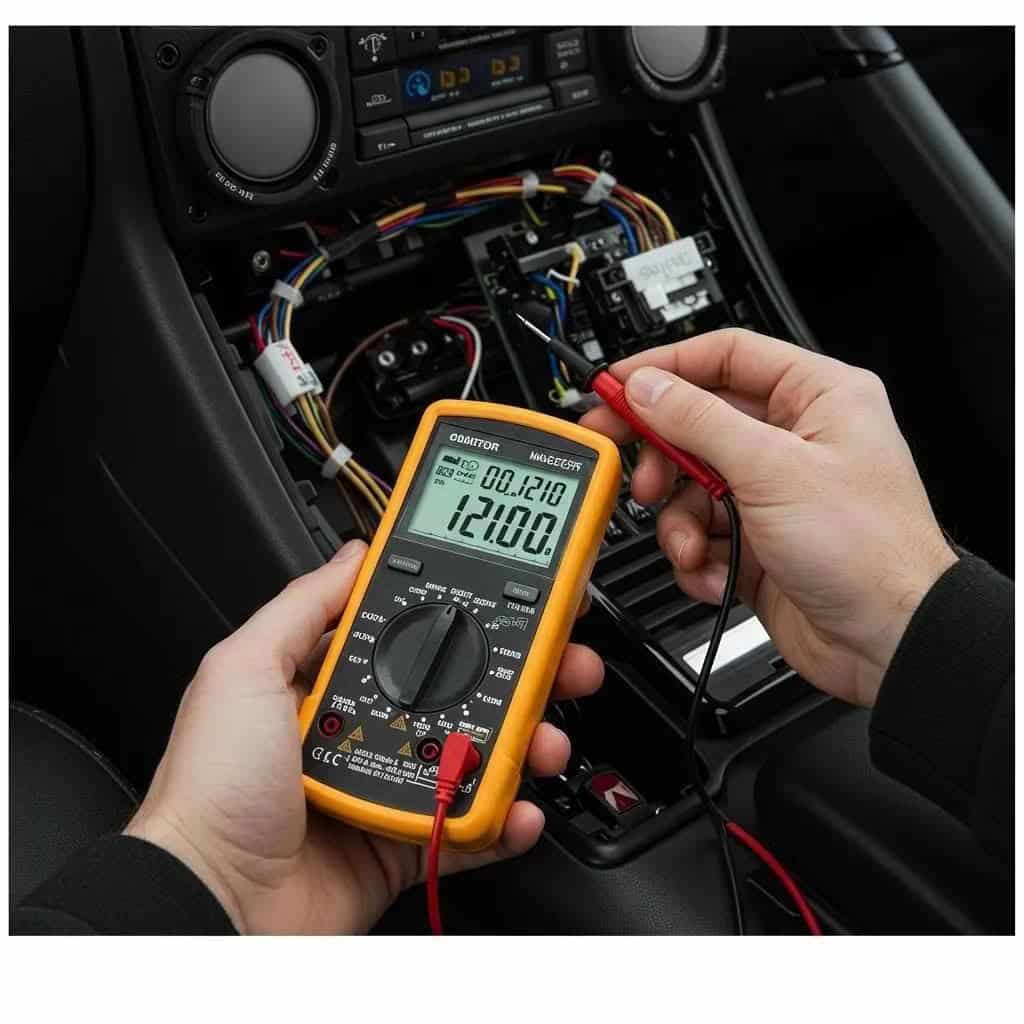 Close-up of a multimeter being used to measure voltage drop in a car audio system's power cable