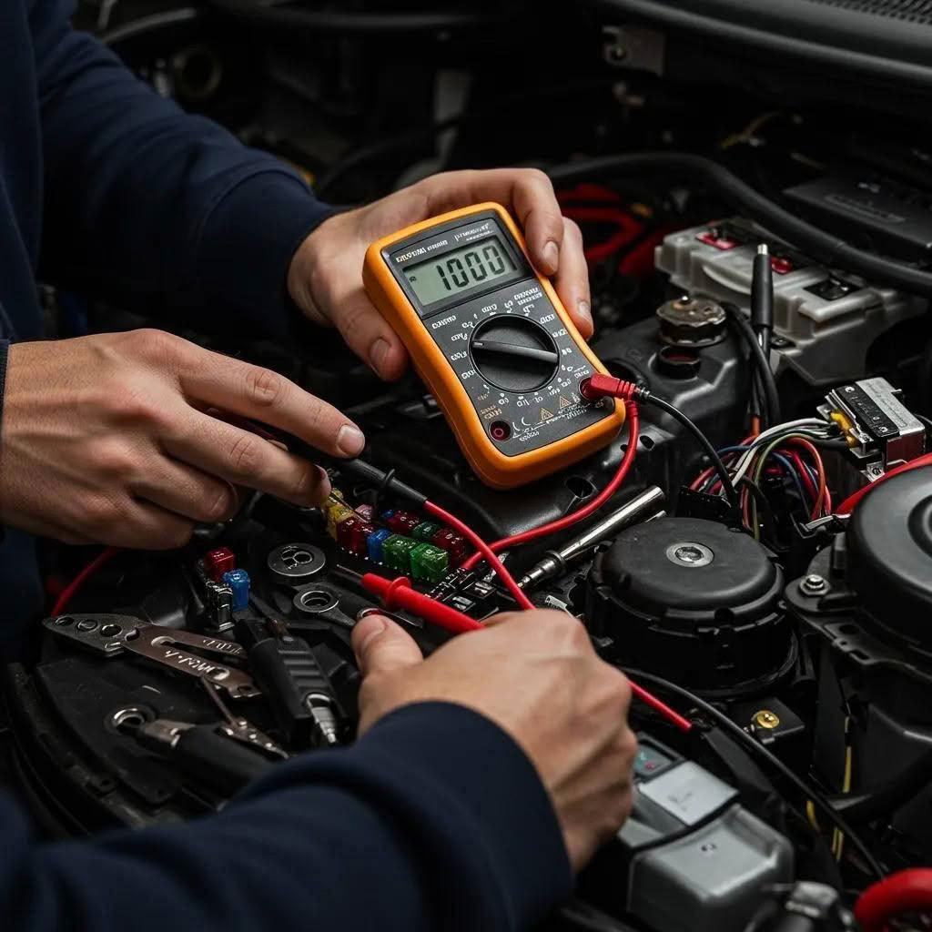 Person troubleshooting car audio system with multimeter checking fuses and wiring