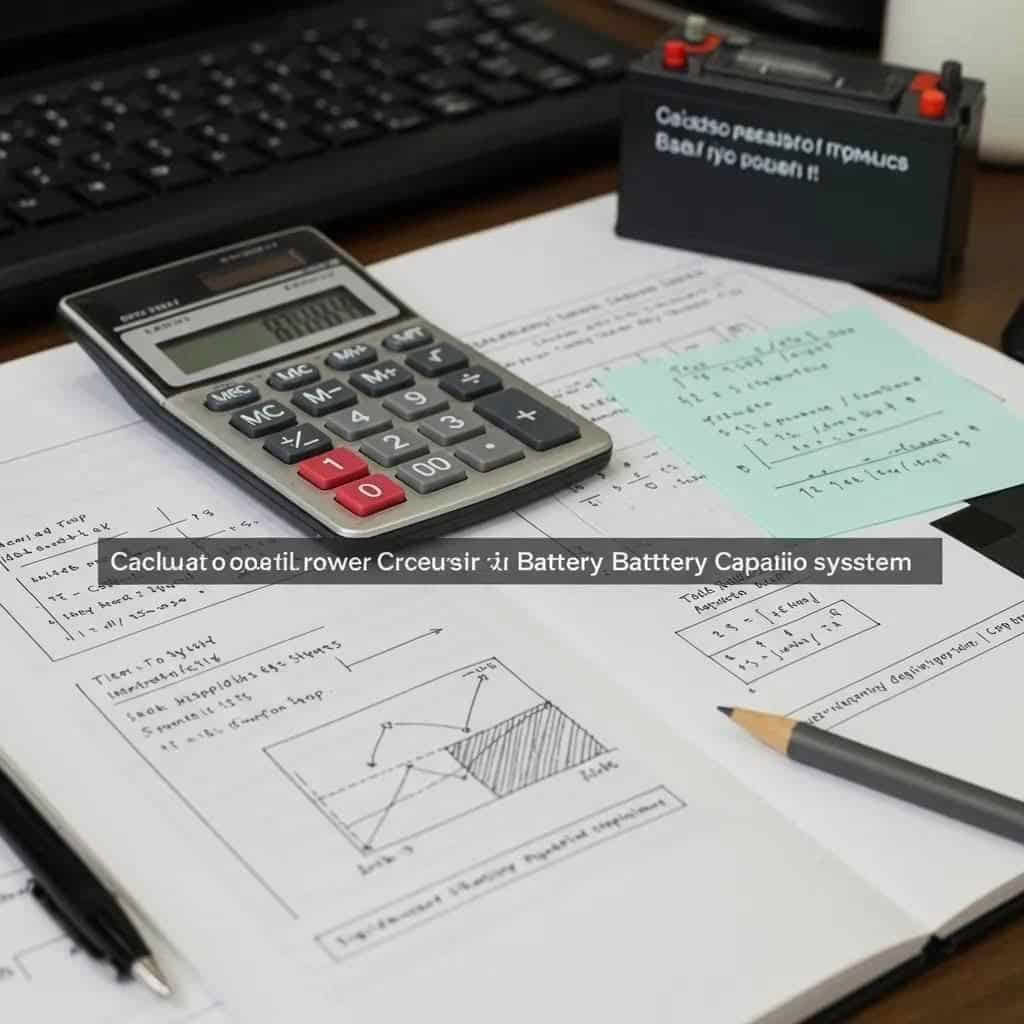 Workspace with calculator and notepad illustrating battery capacity calculation for car audio systems