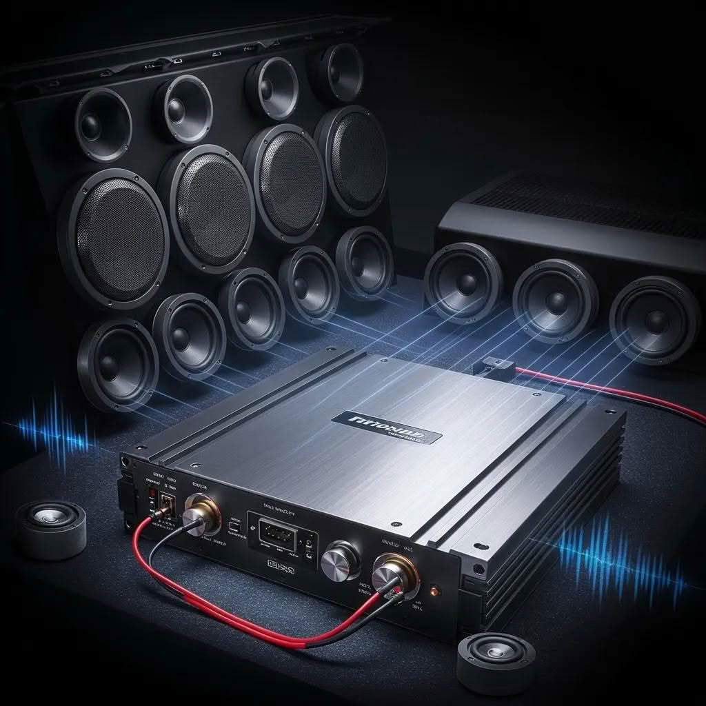 4-channel amplifier connected to speakers, illustrating soundstage and imaging in a car audio setup