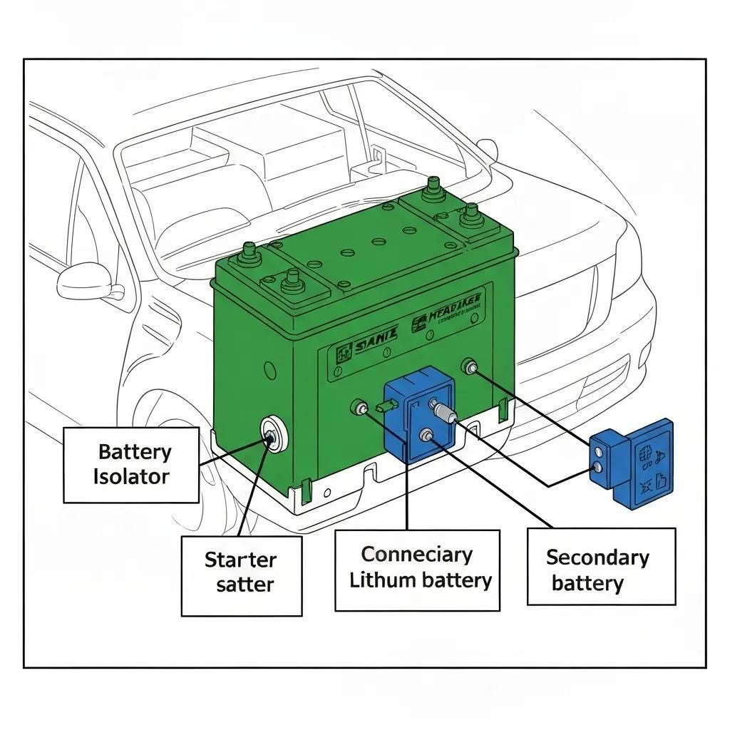 Neat battery isolator installation with organised wiring and labelled connections