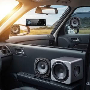 Budget car audio system setup featuring head unit, speakers, and subwoofer in a car interior