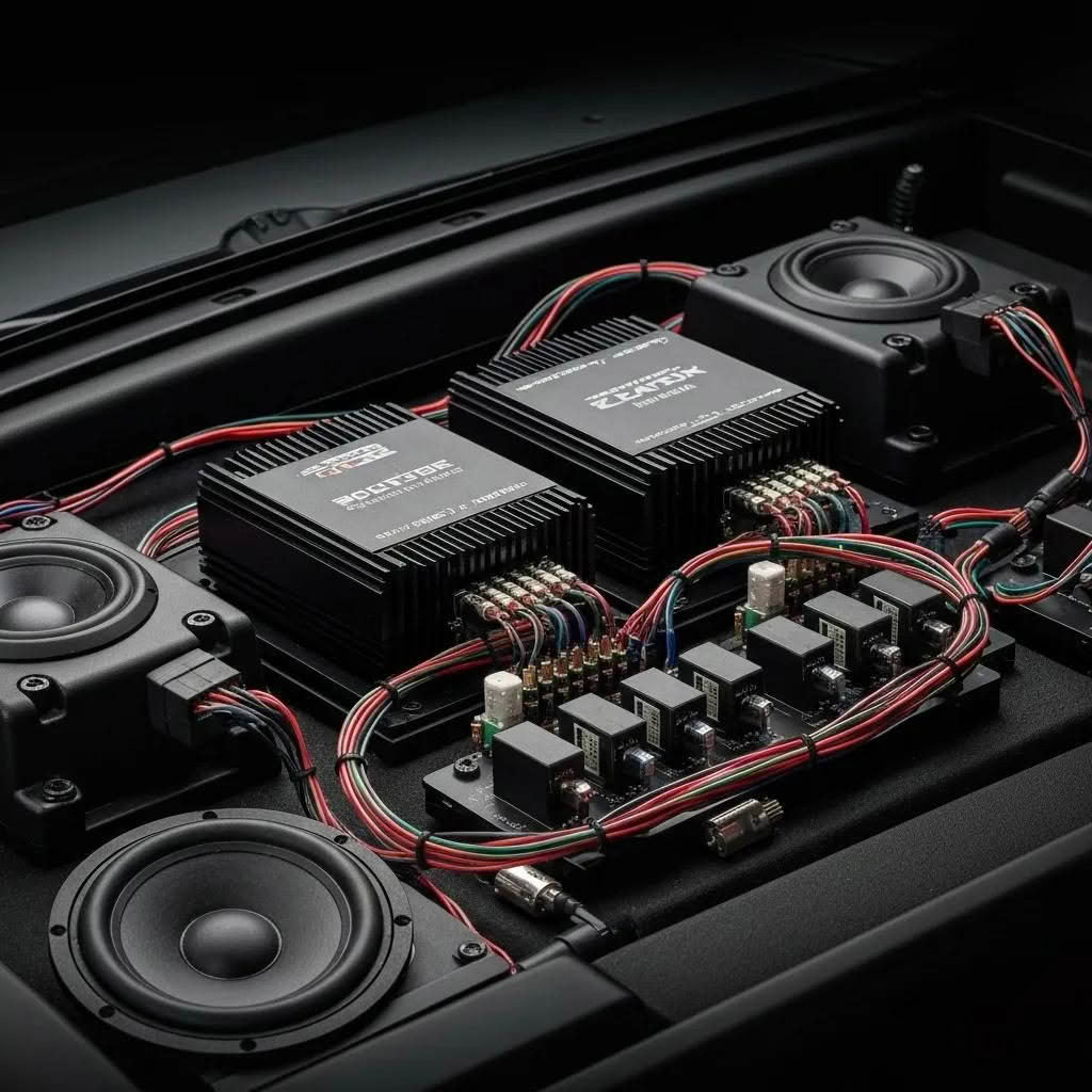 Car audio amplifiers and speakers installed in trunk