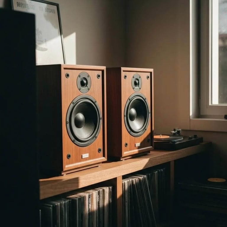 Vintage wooden speakers on a record shelf