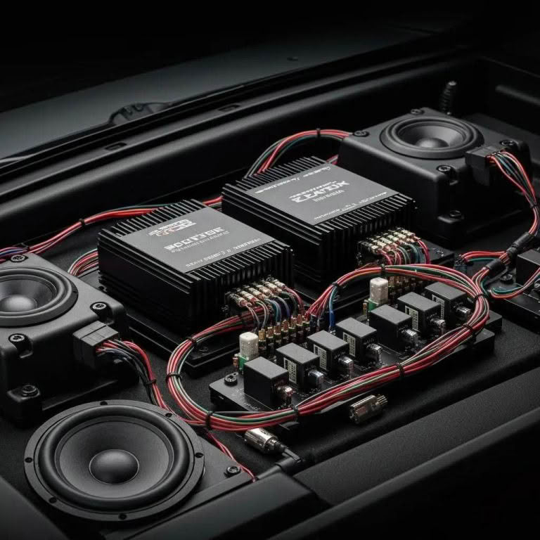 Car audio amplifiers and speakers installed in trunk